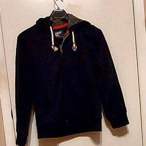 Lands End  Warm Black Hooded Jacket Rope Draw Strings Gray Blanket Lined Sz M